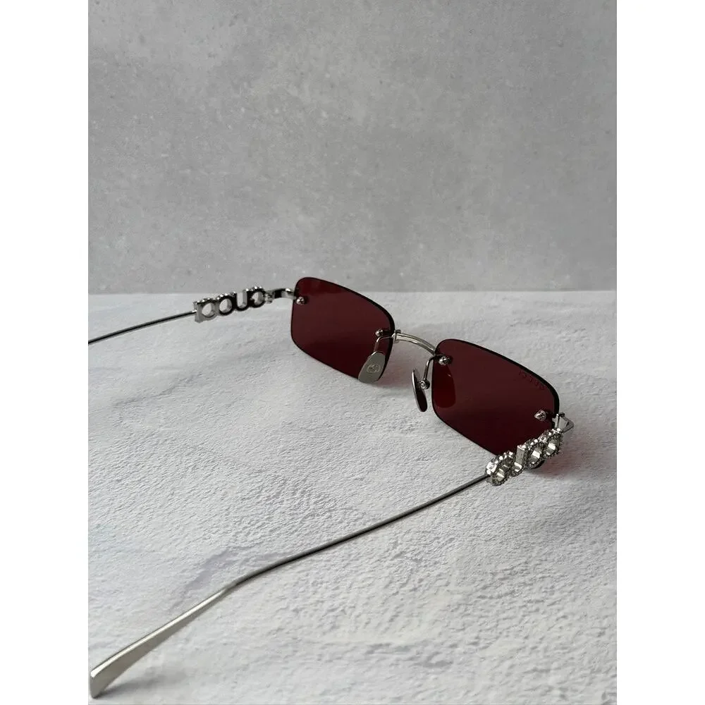 NEW Gucci GG1808S Silver Crystal Rimless Red Lens Sunglasses